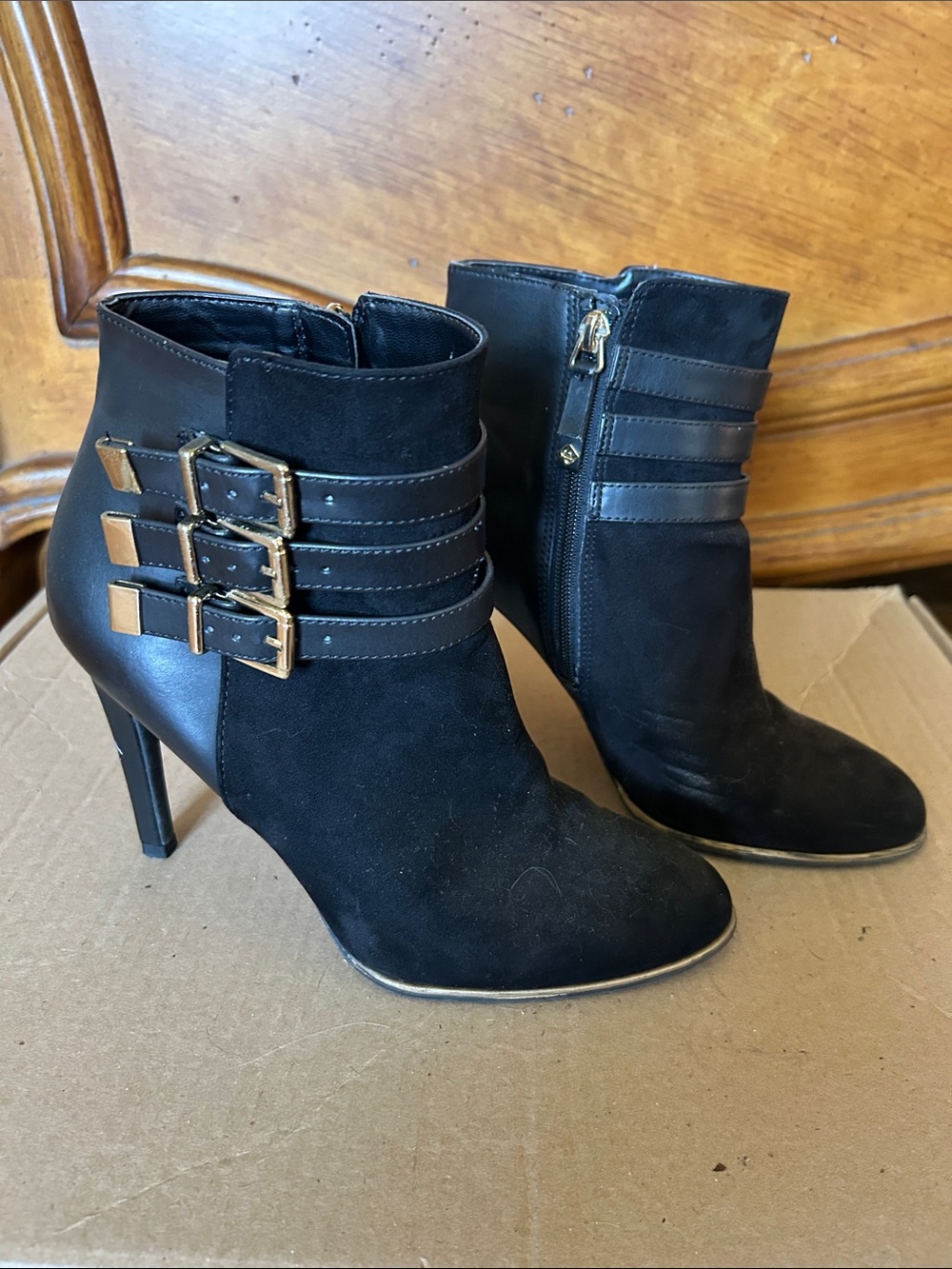 Sam & Libby Black Suede and Leather Ankle Booties with Triple Gold Buckles